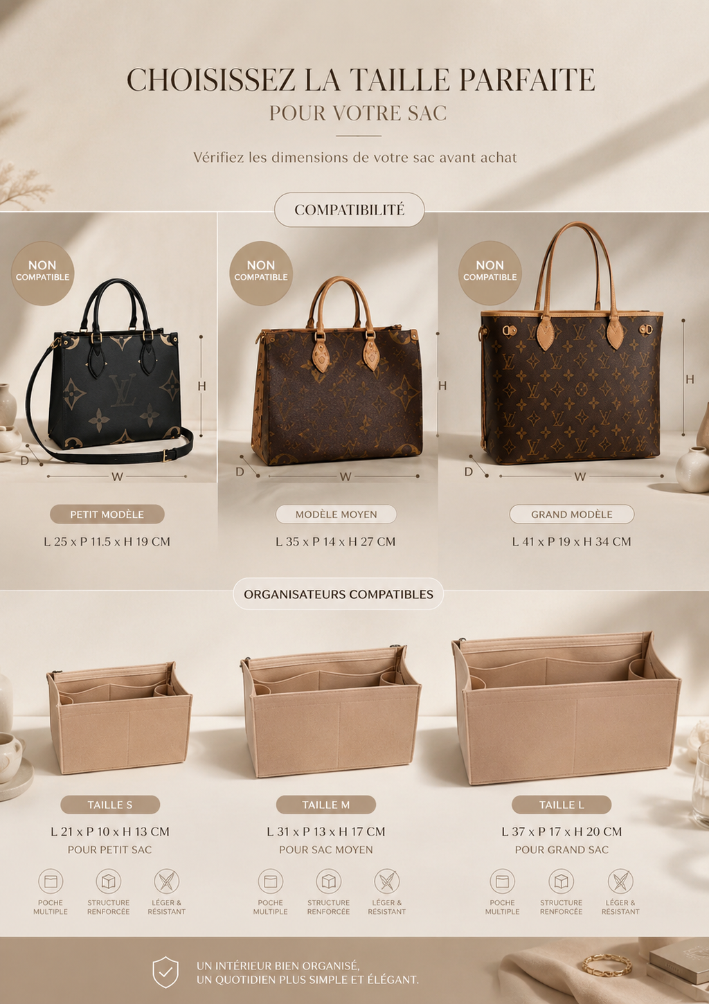 Convient à ONTHEGO Tote 3MM Premium ou book tote large