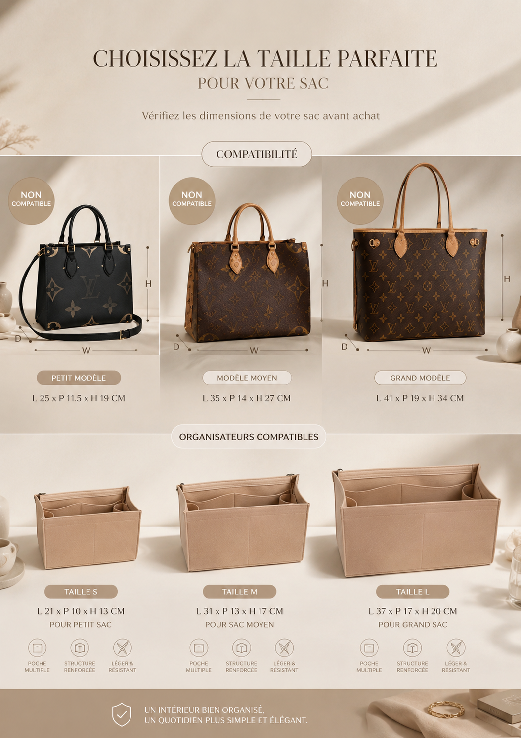 Convient à ONTHEGO Tote 3MM Premium ou book tote large